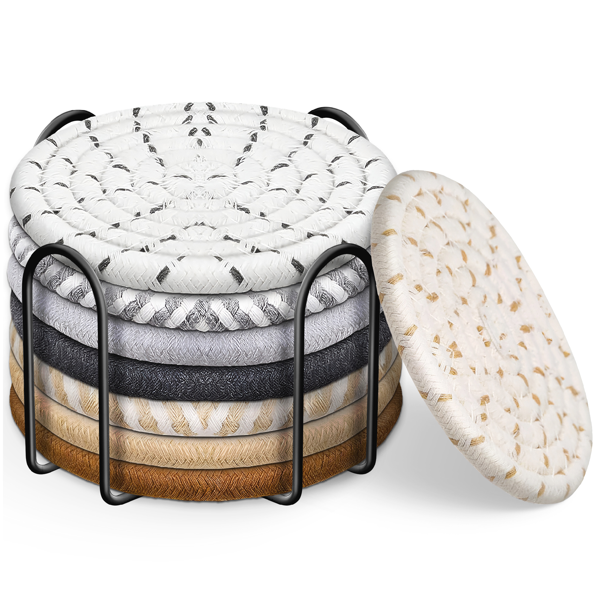 Cotton Drink Coasters Set with Holder – Absorbent Woven Fabric