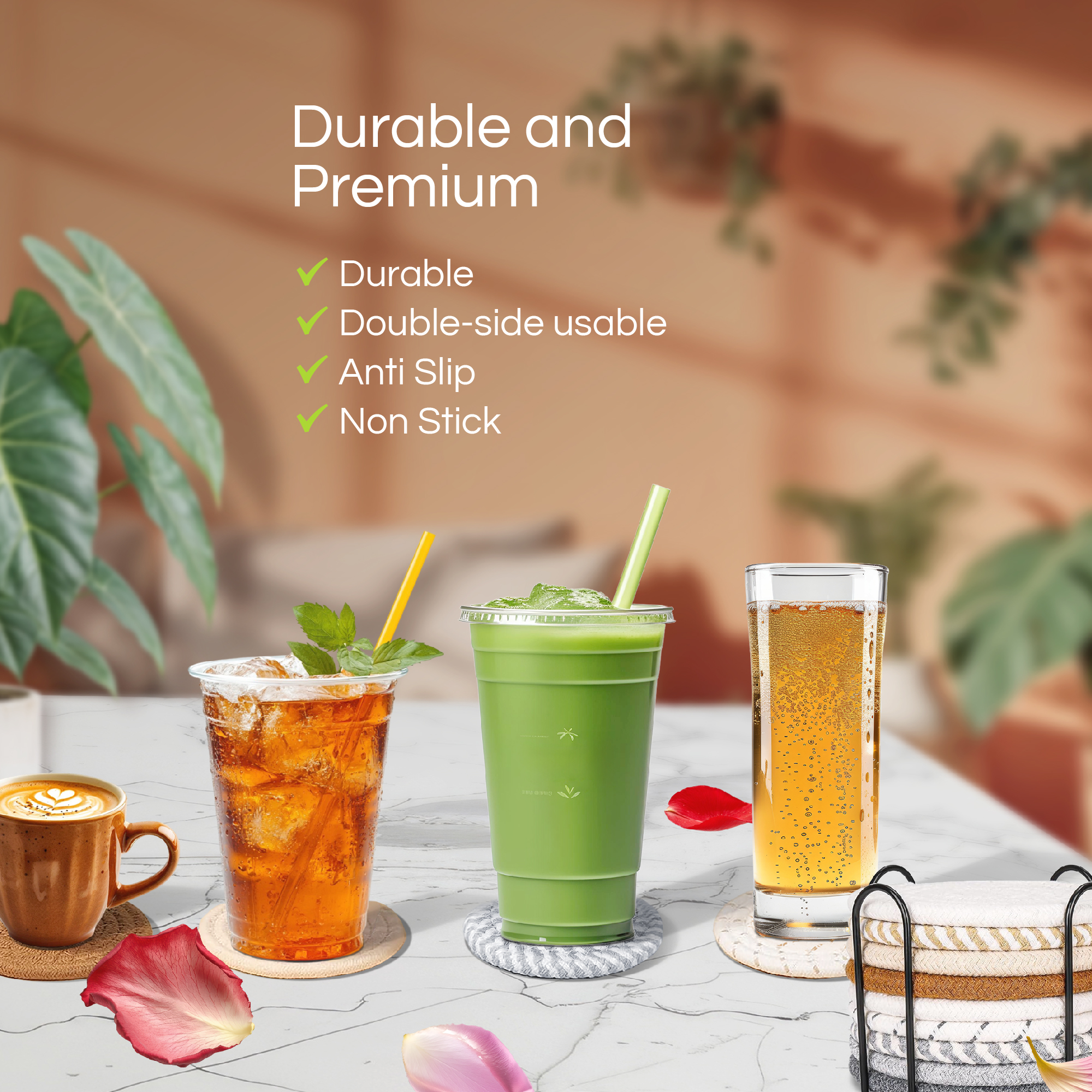 Cotton Drink Coasters Set with Holder – Absorbent Woven Fabric - Image 2