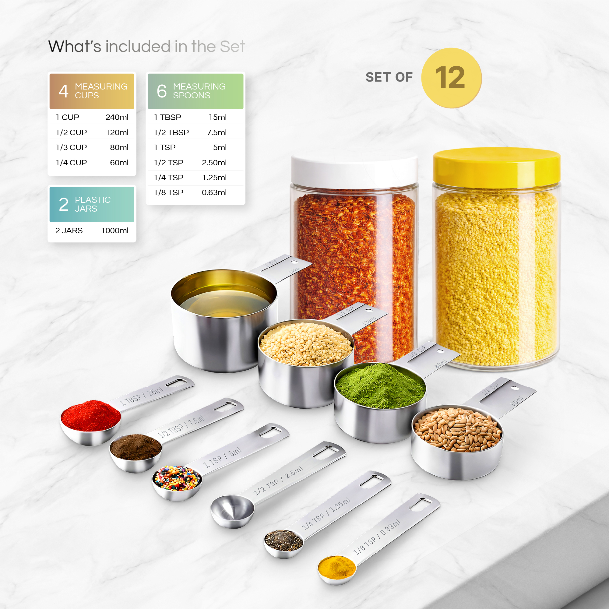12 Set Stainless Steel Measuring Cups & Spoons with Food-Grade PET Jars - Image 3